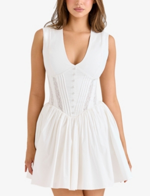 HOUSE OF CB: Carmel Plunge-Neck Stretch-Cotton Mini Dress