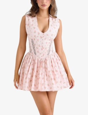 House Of Cb Womens Cloud Dancer Carmel Floral-print Stretch-cotton Mini Dress In Pink