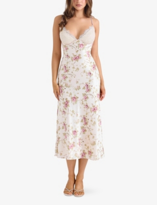 HOUSE OF CB: Felicity Floral-Print Satin Midi Dress
