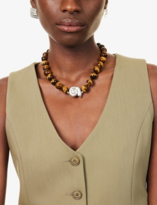 Le Sundial Womens Brown Nautilus Sterling-silver And Tigers Eye Beaded Collar Necklace In Brown