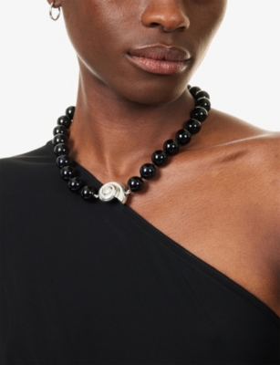 Le Sundial Womens Black Nautilus Sterling-silver And Onyx Beaded Collar Necklace In Black