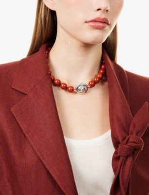 Le Sundial Womens Nautilus Sterling-silver And Red Jasper Beaded Collar Necklace In Red