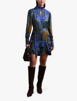 Reiss Womens Kaisley Belted Paisley-print Woven Mini Dress Blue In Blue