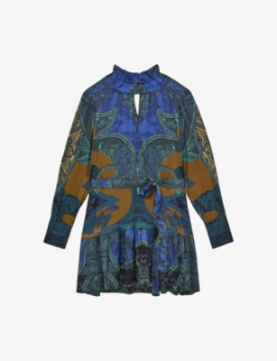 Reiss Womens Kaisley Belted Paisley-print Woven Mini Dress Blue In Blue