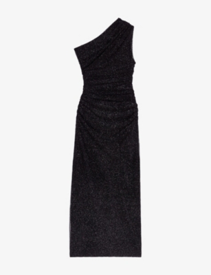 Maje Womens Black Rhinestone-embellished Asymmetric Stretch-knit Maxi Dress In Black