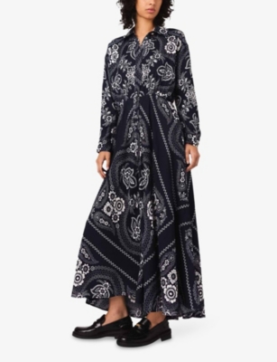 Maje Womens Navy Bandana Print Paisley-print Long-sleeve Woven Maxi Dress In Gray