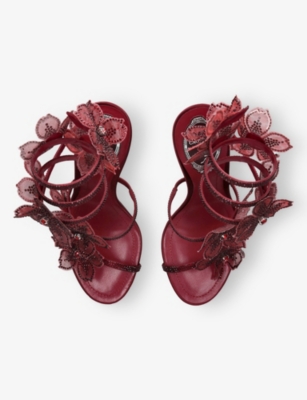 René Caovilla Womens Wine Floral Cleo 105 Satin Heeled Sandals Eur 39.5 / 6.5 Uk In Burgundy