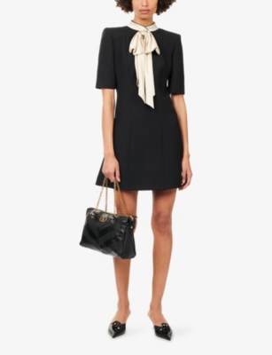 Valentino Womens Nero Champagne Bow-embellishment Short-sleeves Wool And Silk Mini Dress In Black