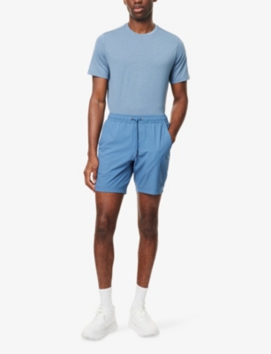 Vuori Mens Kore Logo-patch Stretch-woven Shorts Pool Blue Tonal In Blue