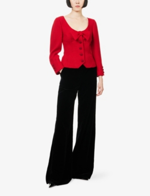 Valentino Womens Bow-embroidered Scoop-neck Tweed Jacket Paris In Red