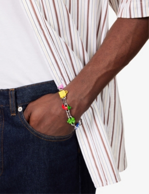 Poubel Mens Exclusive Rhodium-plated Sterling-silver Enamelled Charm Bracelet Set In Silver