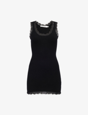 Aya Muse Womens Black Lace-embroidery Ribbed Cashmere And Cotton Mini Dress