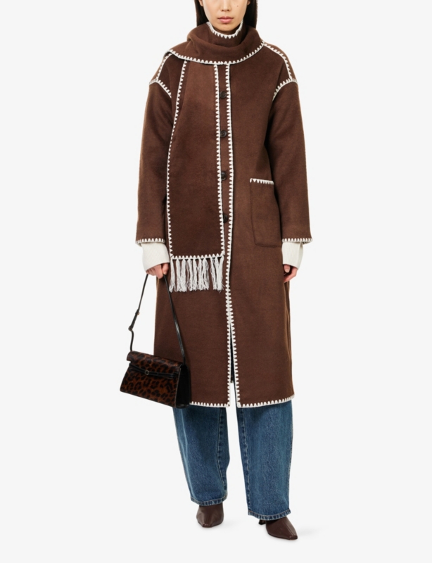 Fable Contrast-Stitch Longline Scarf Wool-Blend Coat