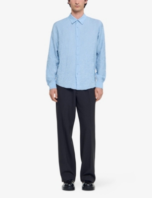 Sandro Mens Sky Blue Crinkled-texture Regular-fit Woven Shirt In Blue