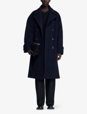 Sandro Mens Navy Blue Lapel-collar Double-breasted Wool Coat In Black