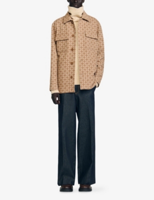 Sandro Mens Camel Square-cross Jacquard Stretch Wool-blend Overshirt In Multi