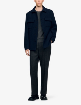 Sandro Mens Midnight Blue Patch-pocket Long-sleeve Wool Overshirt Xl In Blue