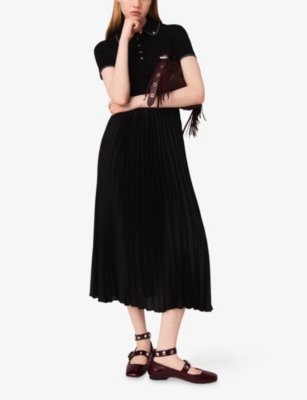 Maje Womens Black Polo-collar Knitted And Woven Maxi Dress In Black