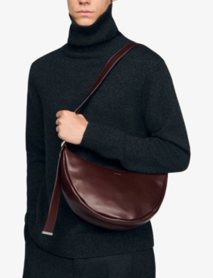 Sandro Mens Cognac Logo-embossed Small Leather Hobo Bag In Brown
