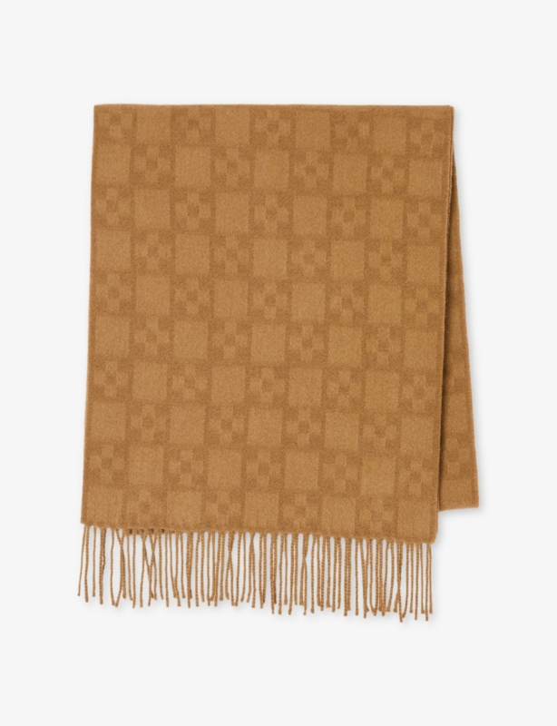 Monogram-Pattern Fringed Wool Scarf
