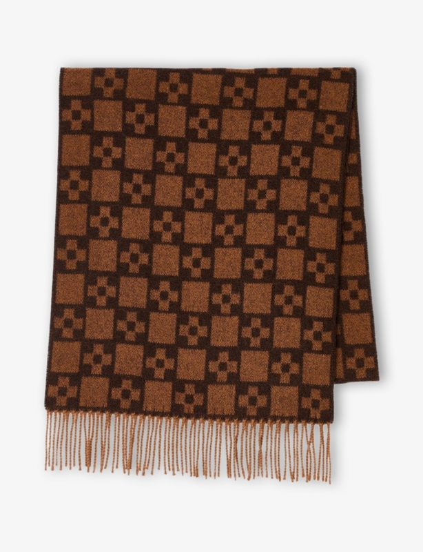 Monogram-Pattern Fringed Wool Scarf