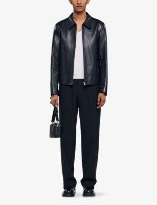 SANDRO: Side-Pocket Zip-Up Leather Jacket