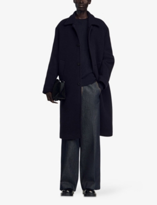 Sandro Mens Navy Blue Long Wing-collar Wool And Cashmere-blend Coat In Blue
