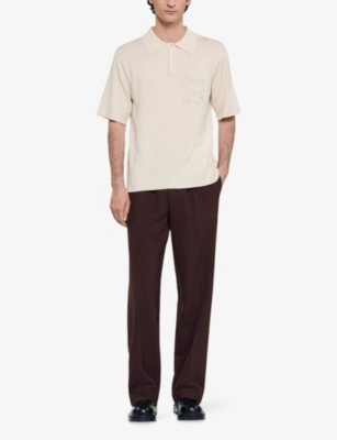 Sandro Mens Butter Cream Rope-embroidered Short-sleeve Knitted Polo In Yellow