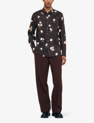 SANDRO: Floral-Print Pointed-Collar Linen Blend Shirt