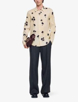 Sandro Mens Off White Floral-print Pointed-collar Linen Blend Shirt In Neutral