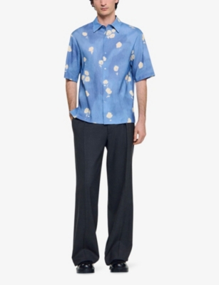 Sandro Mens Blue Office Floral-print Regular-fit Stretch Linen-blend Shirt In Blue