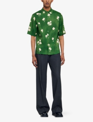 Sandro Mens Lime Floral-print Regular-fit Stretch Linen-blend Shirt In Green