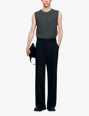 Sandro Mens Black Wide-leg Pressed-pleat Stretch-wool Trousers Xxl In Black