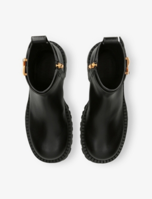 Versace Womens Black Logo-embellished Leather Heeled Ankle Boots Eur 38.5 / 5.5 Uk In Black