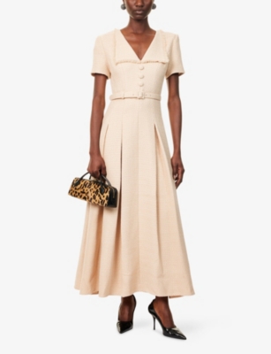 ROLAND MOURET: Collared Pleated Woven Maxi Dress