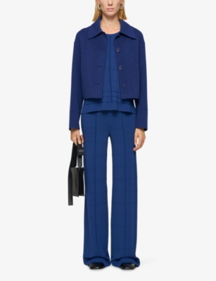 Joseph Womens Cobalt Grid-knit Straight-leg High-rise Viscose-blend Trousers Xl In Blue