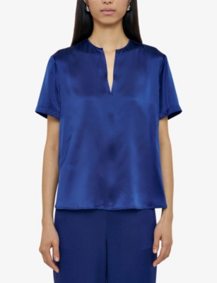 Joseph Womens Cobalt Gala V-neck Short-sleeve Silk Blouse In Blue
