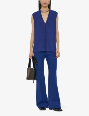 Joseph Womens Cobalt Louis Knitted-trim Silk-crepe Blouse In Blue