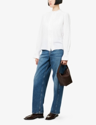 Me And Em And Em Womens Mid Blue Wash Puddle Tapered-leg Denim Jeans In Blue