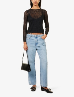 Me And Em And Em Womens Black Round-neck Long-sleeve Lace Top In Black