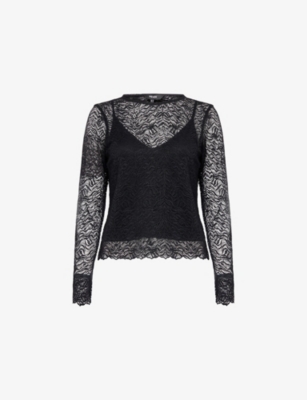 Me And Em And Em Womens Black Round-neck Long-sleeve Lace Top In Black