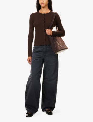 Me And Em And Em Womens Warm Chocolate Barely There Ribbed Fine-knit Wool And Cashmere Cardigan
