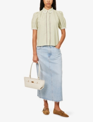 Me And Em And Em Womens Silver Sage Striped Lace-trim Cotton Blouse