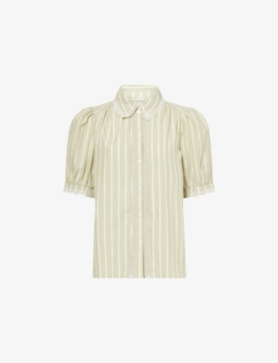 Me And Em And Em Womens Silver Sage Striped Lace-trim Cotton Blouse