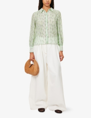 Me And Em And Em Womens Light Cream/green/mu Feather-print Ladder-stitch Cotton And Silk Blouse