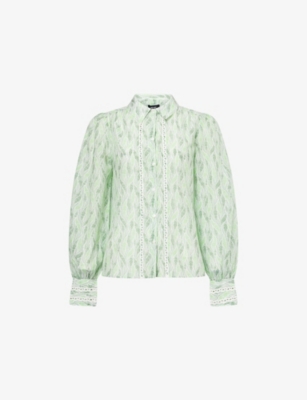 Me And Em And Em Womens Light Cream/green/mu Feather-print Ladder-stitch Cotton And Silk Blouse