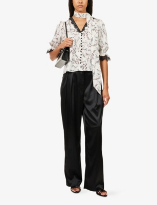 Me And Em And Em Womens Light Cream/black/mu Floral-print Lace-trim Silk Blouse