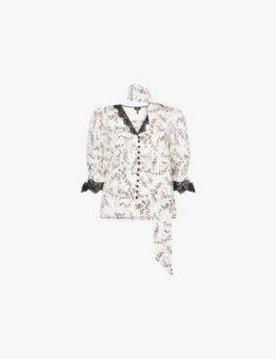 Me And Em And Em Womens Light Cream/black/mu Floral-print Lace-trim Silk Blouse