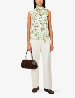 Me And Em And Em Womens Light Cream/green/mu Floral-print Sleeveless Silk Top