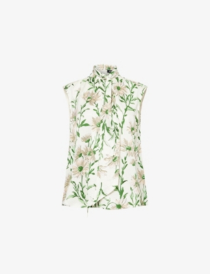 Me And Em And Em Womens Light Cream/green/mu Floral-print Sleeveless Silk Top